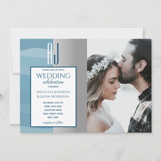 Elegant Watercolor Dusty Blue Silver Wedding Photo Invitation (Front)