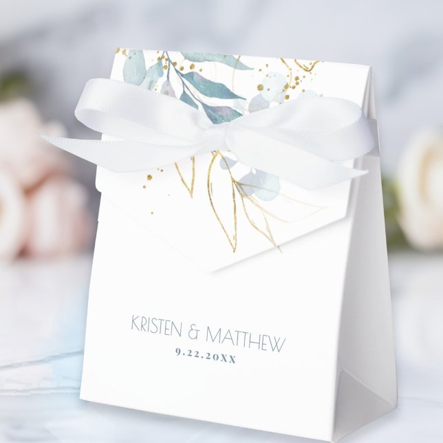 Elegant Watercolor Dusty Blue Wedding Favour Box (Our Elegant Botanical Watercolor Dusty Blue with Gold Wedding Favor Box has a bohemian feel.)