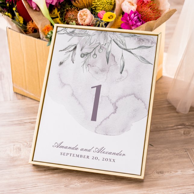 Elegant watercolor dusty purple floral wedding table number (Creator Uploaded)