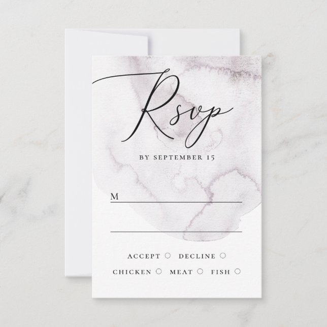 Elegant watercolor dusty purple script wedding RSVP card (Front)