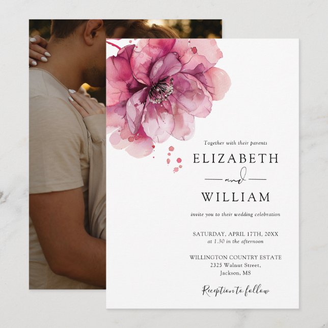Elegant Watercolor Dusty Rose Floral Photo Wedding Invitation (Front/Back)