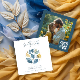 Elegant Watercolor Effect Leaves Navy Blue & Gold Save The Date