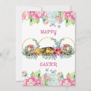 Elegant Watercolor Eggs Easter Chick Floral Wreath Holiday Card