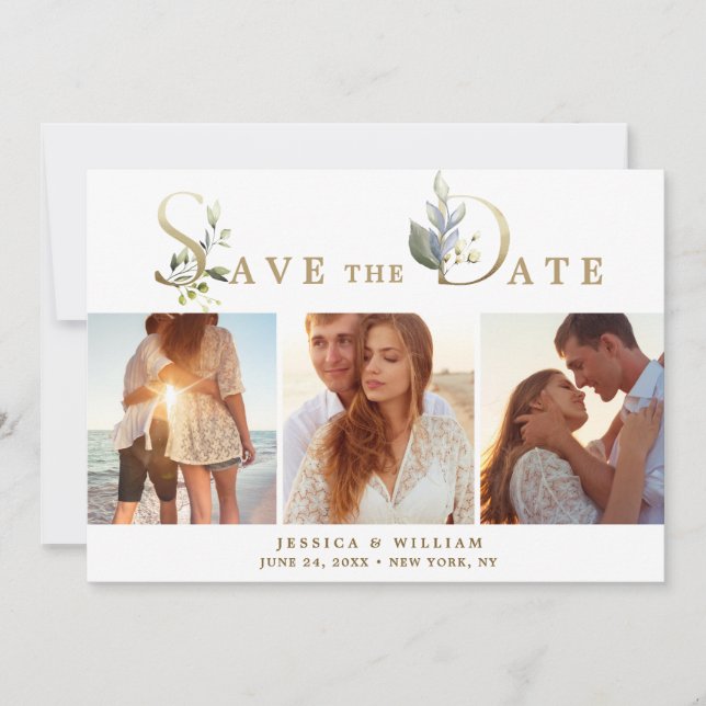 Elegant Watercolor Eucalyptus 3 PHOTO Wedding Save The Date (Front)