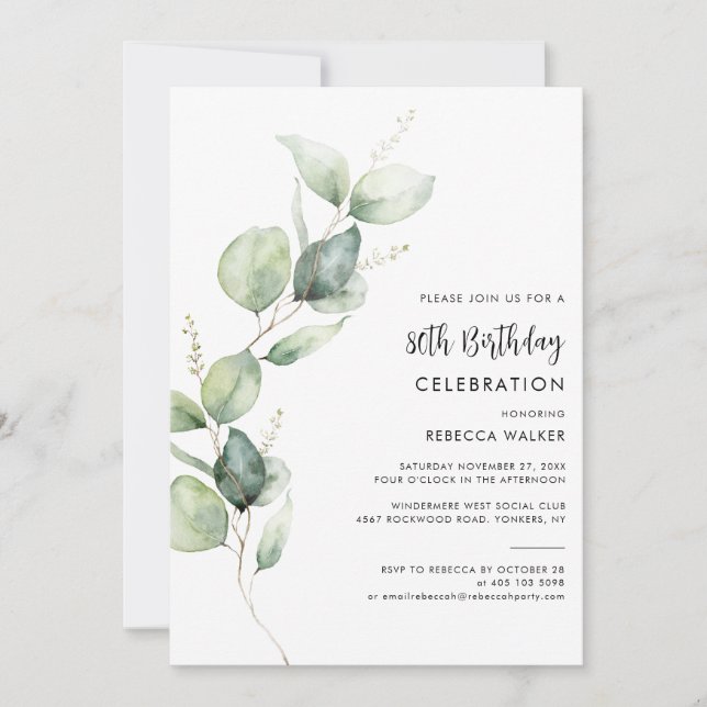Elegant Watercolor Eucalyptus 80th Birthday Party Invitation (Front)
