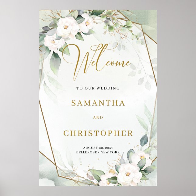 Elegant watercolor eucalyptus and white roses gold poster (Front)