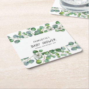 Elegant Watercolor Eucalyptus Baby Shower Square Paper Coaster