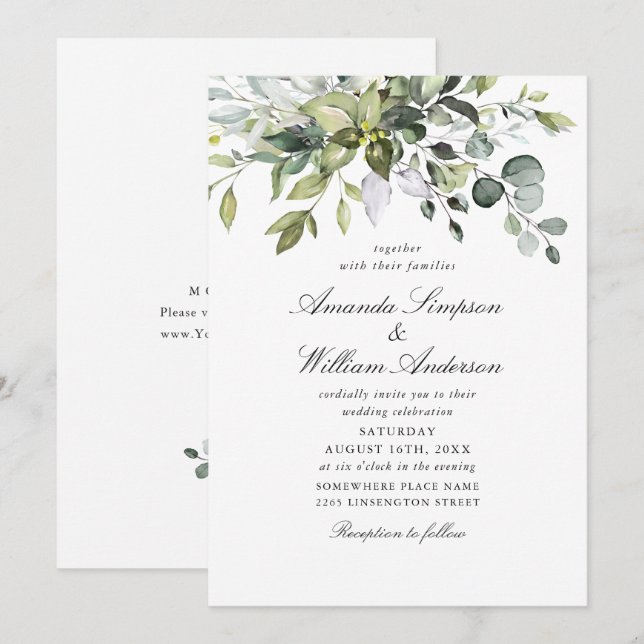 Elegant Watercolor Eucalyptus Bohemian Wedding Invitation (Front/Back)