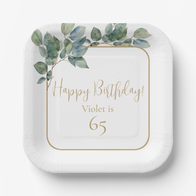Elegant watercolor eucalyptus botanical birthday paper plate (Front)