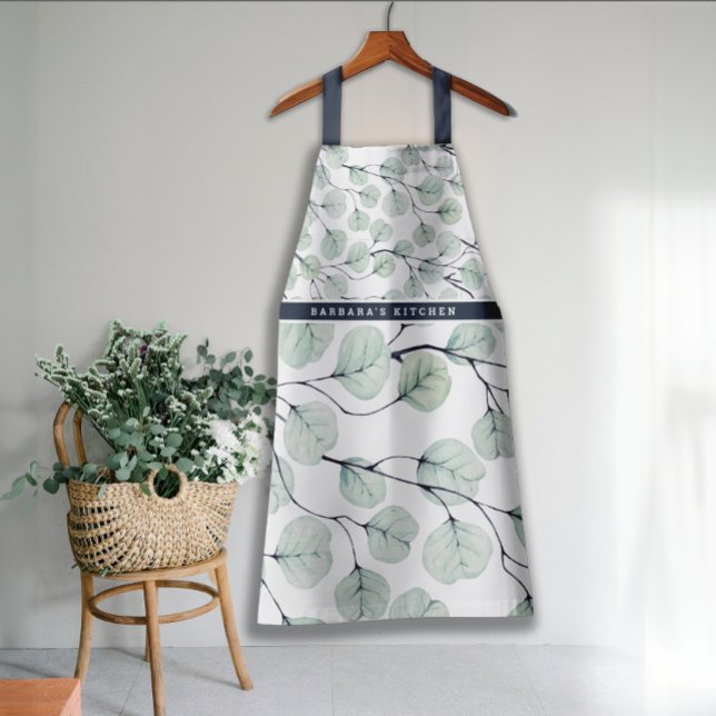 Elegant Watercolor Eucalyptus Botanical Monogram Apron (Creator Uploaded)