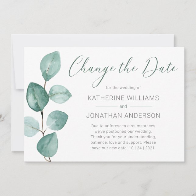 Elegant Watercolor Eucalyptus Change the Date Announcement (Front)