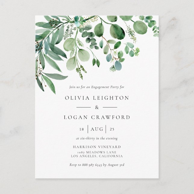 Elegant Watercolor Eucalyptus Engagement Party Invitation Postcard (Front)