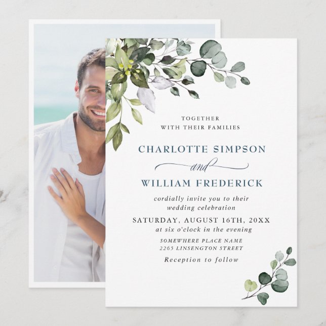 Elegant Watercolor Eucalyptus Floral Wedding PHOTO Invitation (Front/Back)