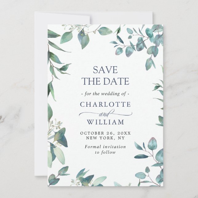 Elegant Watercolor Eucalyptus Floral Wedding  Save The Date (Front)