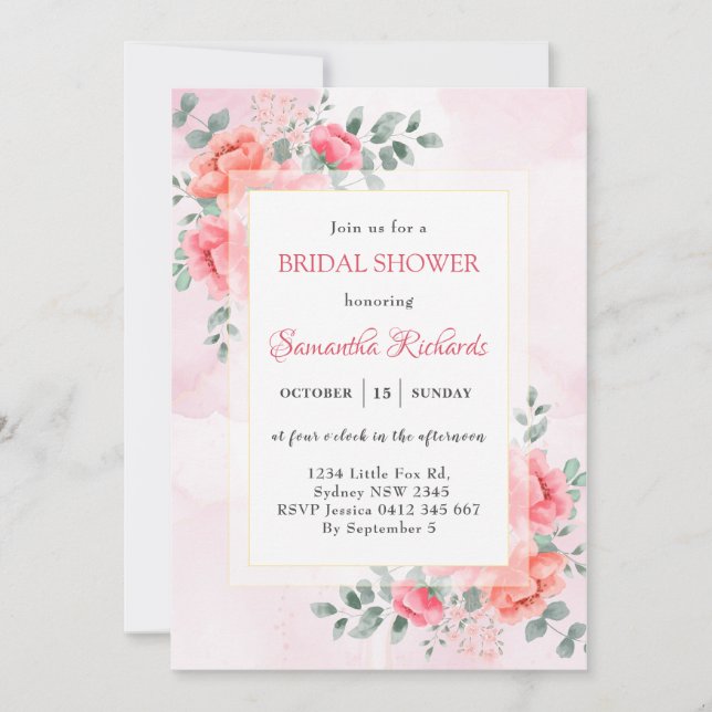 Elegant watercolor eucalyptus flower bridal shower invitation (Front)