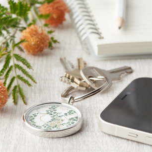 Elegant Watercolor Eucalyptus & Gold Geometric Flo Key Ring