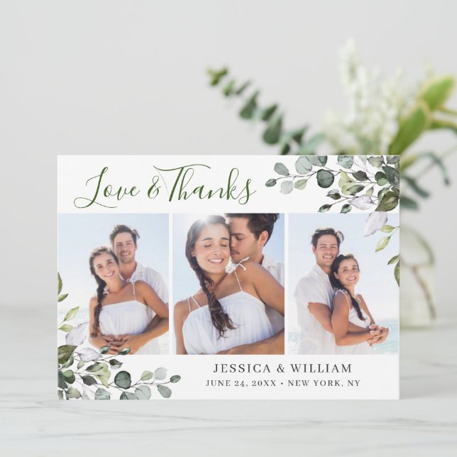 Elegant Watercolor Eucalyptus Greenery 3 PHOTO Thank You Card (Standing Front)