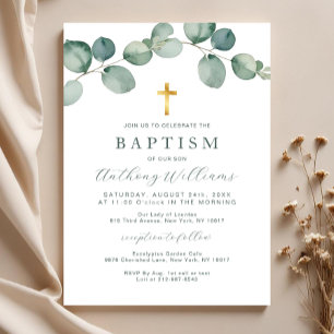 Elegant Watercolor Eucalyptus Greenery Baptism  Invitation