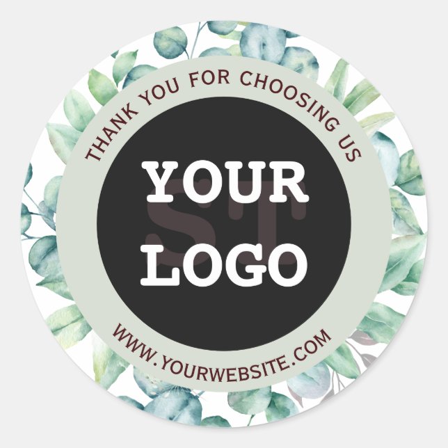 Elegant Watercolor Eucalyptus Greenery Black Classic Round Sticker (Front)