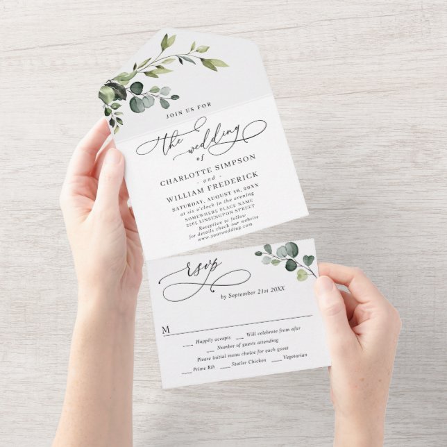 Elegant Watercolor Eucalyptus Greenery Wedding All In One Invitation (Tearaway)