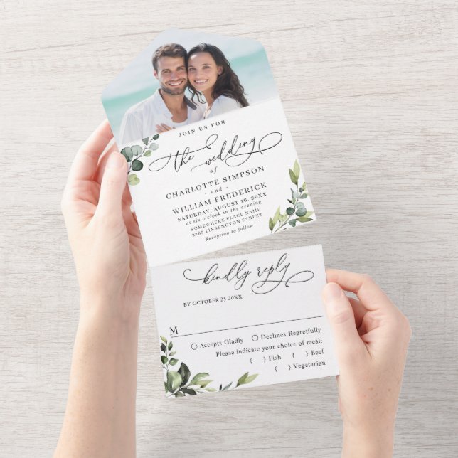 Elegant Watercolor Eucalyptus Greenery Wedding All In One Invitation (Tearaway)