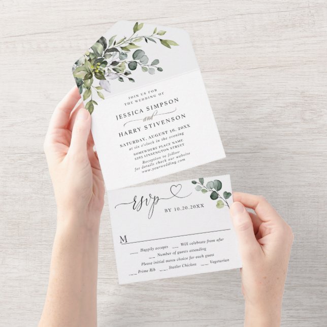 Elegant Watercolor Eucalyptus Greenery Wedding All In One Invitation (Tearaway)