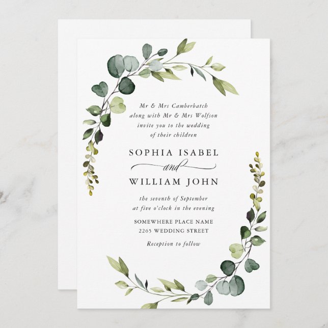 Elegant Watercolor Eucalyptus Greenery Wedding Invitation (Front/Back)