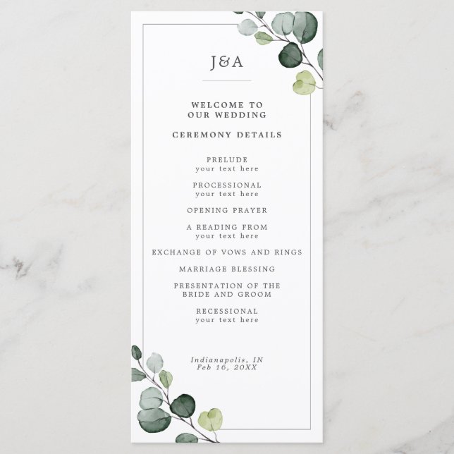 Elegant Watercolor Eucalyptus Greenery Wedding Program (Front)