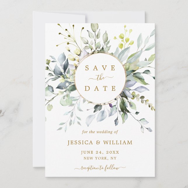 Elegant Watercolor Eucalyptus Greenery Wedding Sav Save The Date (Front)