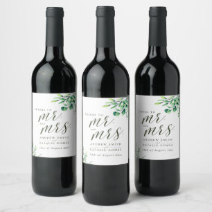 Elegant Watercolor Eucalyptus Greenery Wedding Wine Label