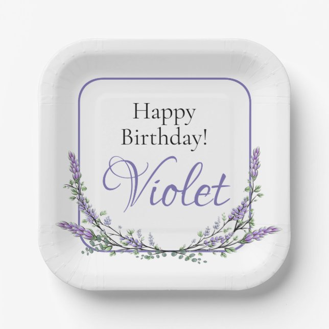 Elegant watercolor eucalyptus lavender birthday paper plate (Front)