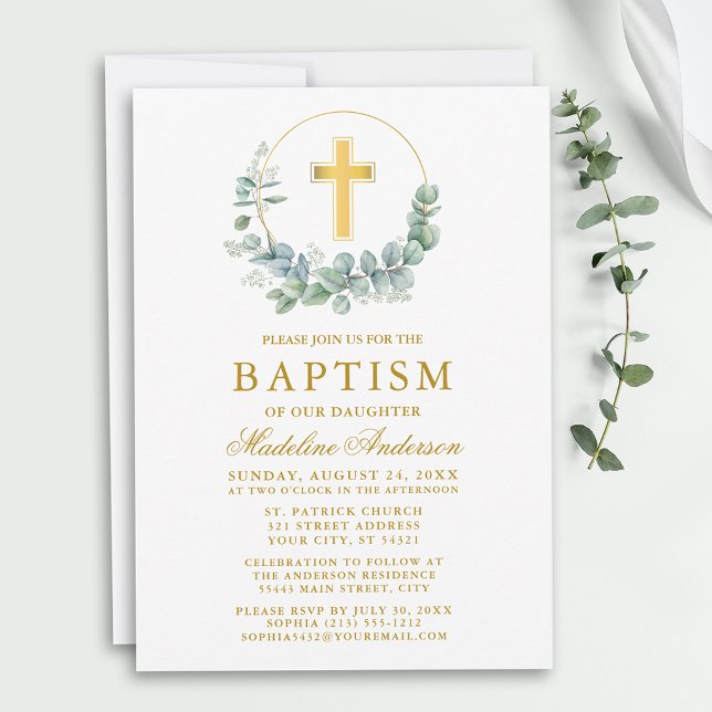 Elegant Watercolor Eucalyptus Leaves Gold Baptism Invitation (Customize to change text size, style, color or to add more text or photos to back of card.)