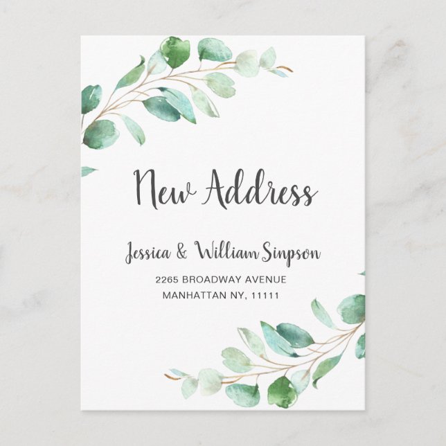 Elegant Watercolor Eucalyptus Moving Announcement Postcard (Front)