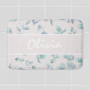 Elegant Watercolor Eucalyptus Personalized Name Bath Mat
