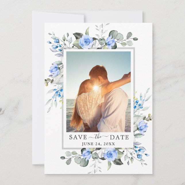 Elegant Watercolor Eucalyptus PHOTO Wedding Save The Date (Front)