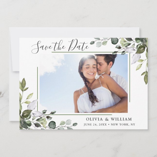 Elegant Watercolor Eucalyptus PHOTO Wedding Save The Date (Front)