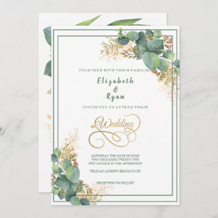 Elegant Watercolor Eucalyptus Plants Gold Filigree Invitation