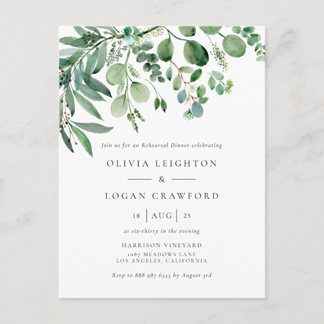 Elegant Watercolor Eucalyptus Rehearsal Dinner Invitation Postcard (Front)