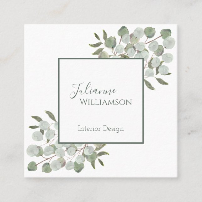 Elegant Watercolor Eucalyptus Sage Green Square Business Card (Front)