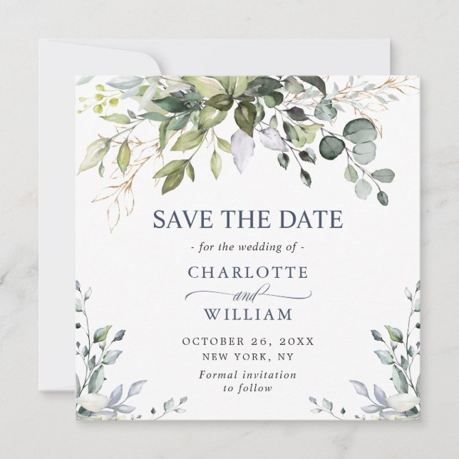 Elegant Watercolor Eucalyptus Save the Date (Front)