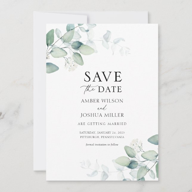 Elegant Watercolor Eucalyptus Save the Date Invitation (Front)