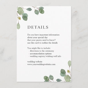 Elegant Watercolor Eucalyptus Wedding Details Enclosure Card