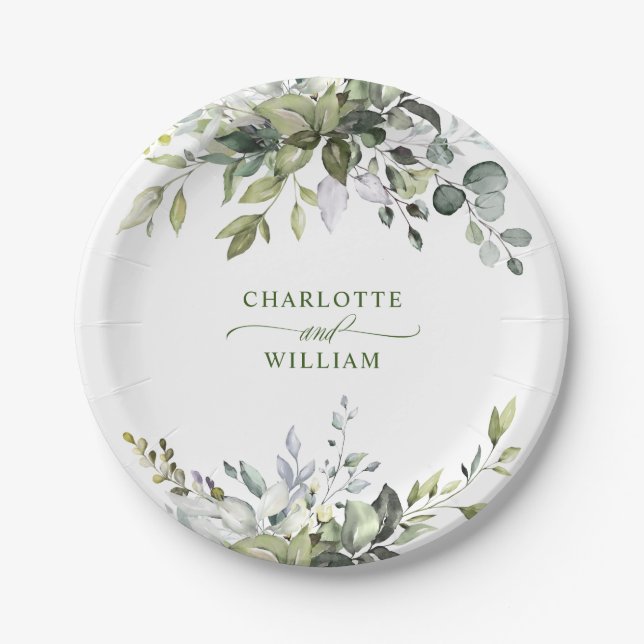 Elegant Watercolor Eucalyptus Wedding Party Paper Plate (Front)