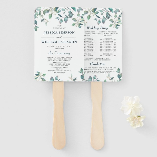 Elegant Watercolor Eucalyptus Wedding Program Hand Fan (Front and Back)