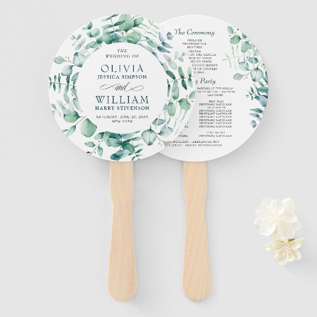 Elegant Watercolor Eucalyptus Wedding Program Hand Fan (Front and Back)