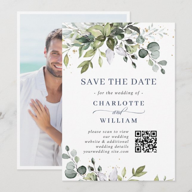 Elegant Watercolor Eucalyptus Wedding QR Code Save The Date (Front/Back)