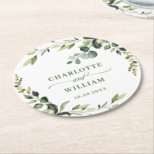 Elegant Watercolor Eucalyptus Wedding Round Round Paper Coaster