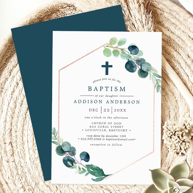 Elegant Watercolor Eucalyptus with Cross Baptism Invitation (Creator Uploaded)
