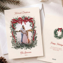Elegant Watercolor Evergreen Bow Photo Christmas