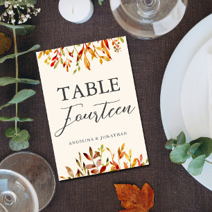 Elegant Watercolor Fall Leaves Autumn Wedding Table Number